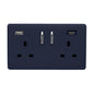 Navy Blue Screwless 2 Gang Switched Double Socket 13A With 1 x USB-A & 1 x USB-C 65W (Shared), (35mm Back Box Req.), 10yrs Warranty