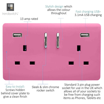 Trendi 2 Gang Artistic Modern Glossy 13 Amp 2 x 3.1mA USB Switched Plug Socket Pink