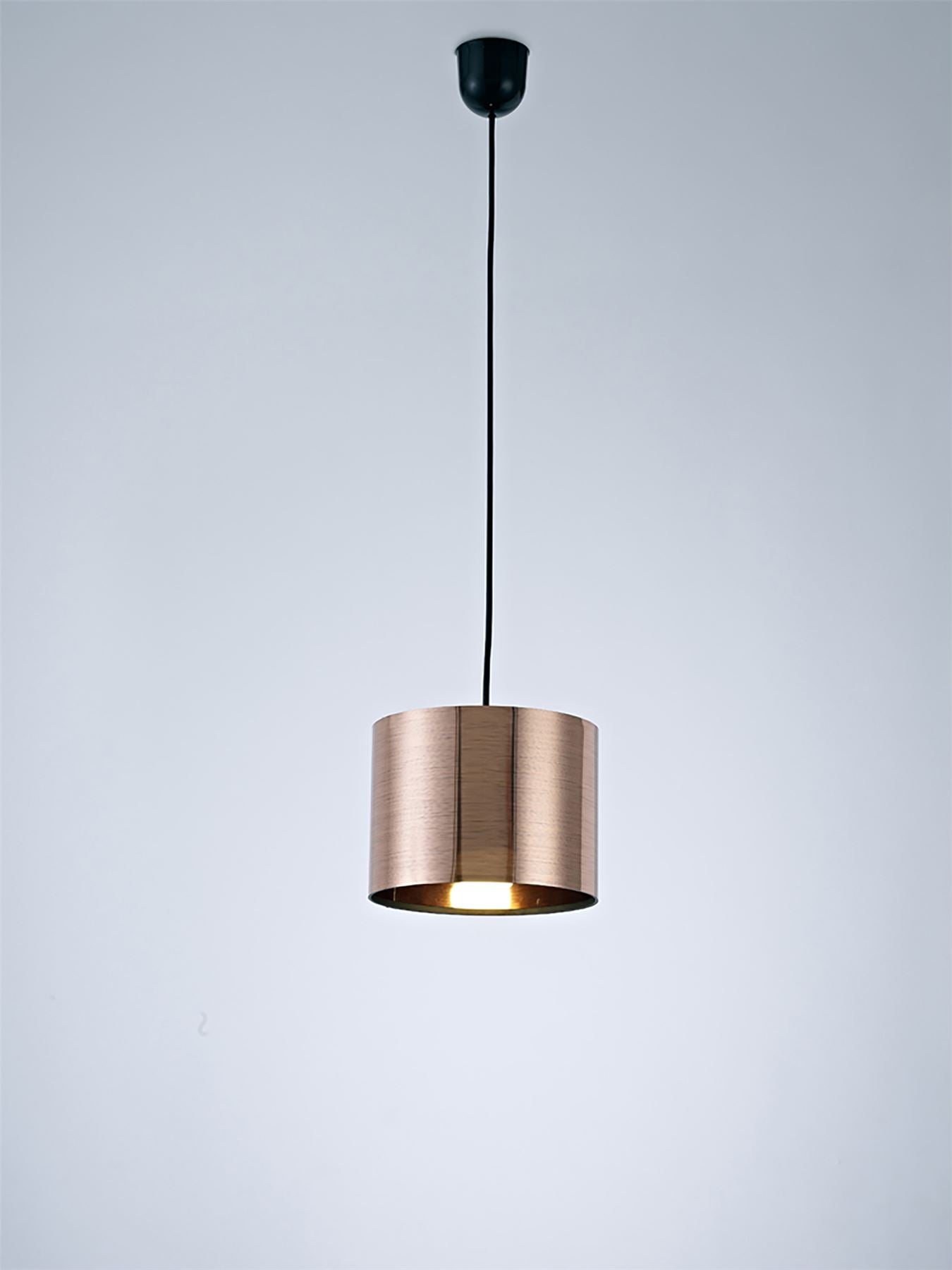 Deco Dako Black Pendant 1 Light E27 with 200 x 150mm Metallic Copper Finish Cylinder Shade, c/w Ceiling Bracket