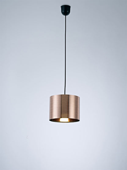 Deco Dako Black Pendant 1 Light E27 with 200 x 150mm Metallic Copper Finish Cylinder Shade, c/w Ceiling Bracket