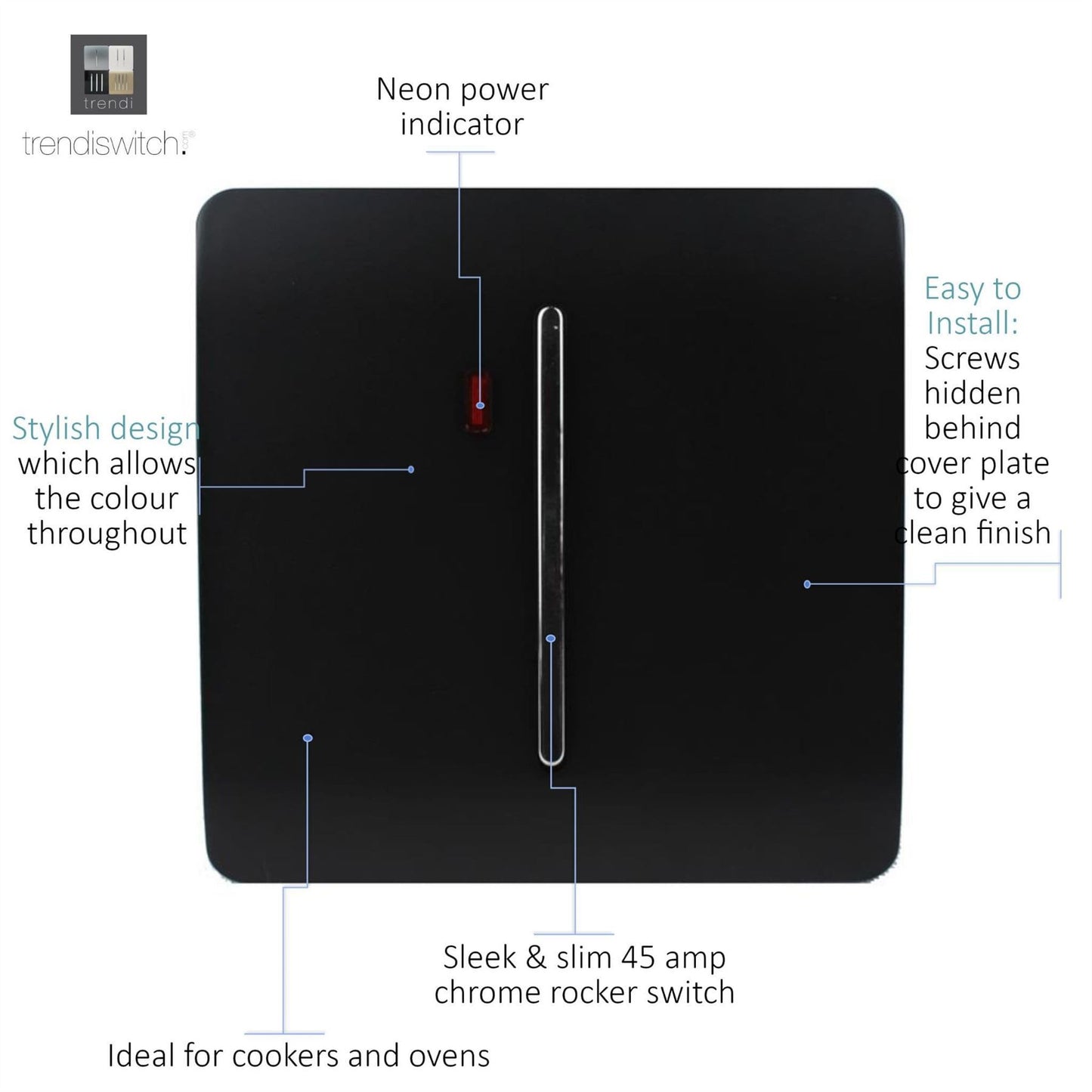 Trendi Artistic Modern Glossy 20 A  Light Switch & Neon Insert Black ART-WHS1BK