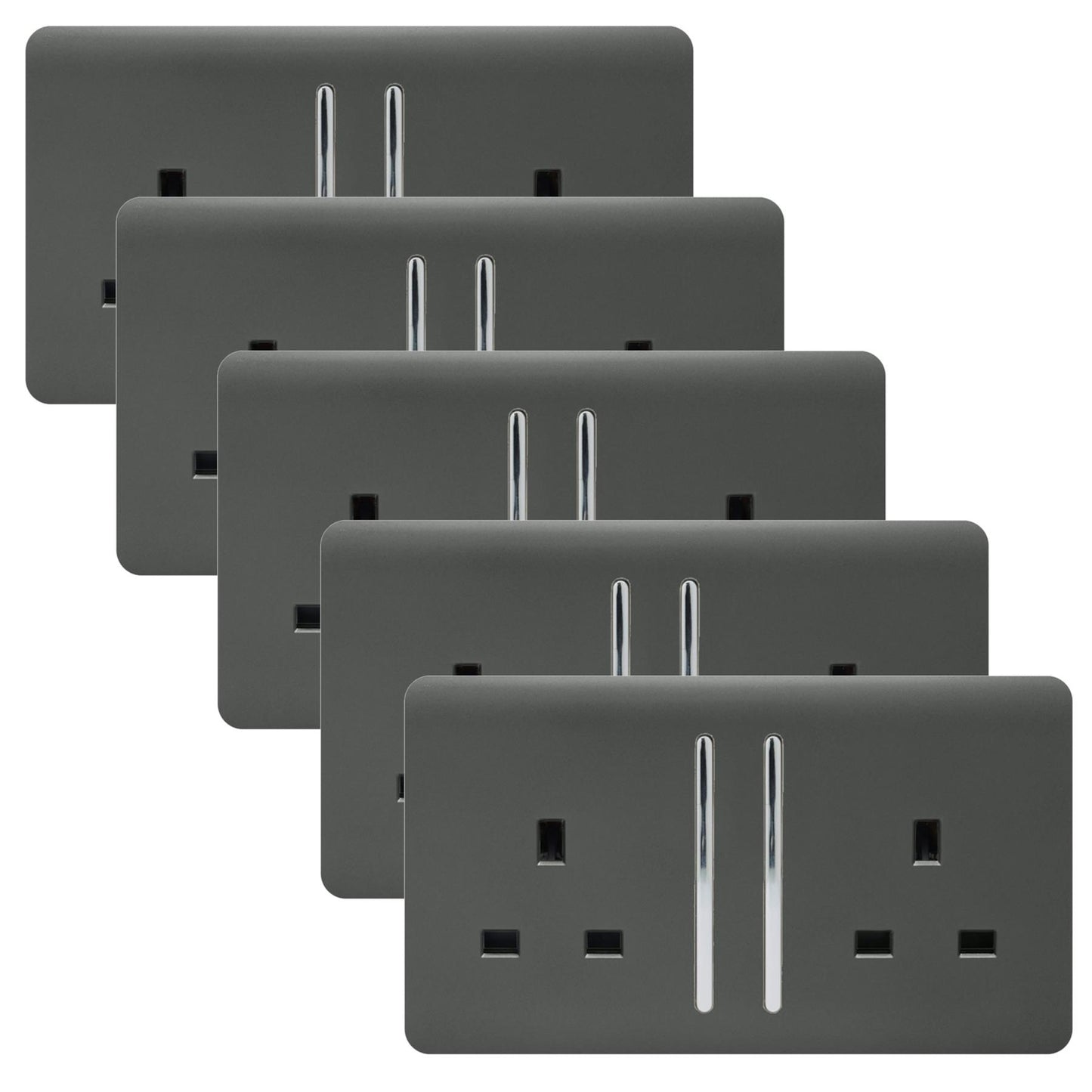 Trendi 2 Gang Artistic Modern Glossy 13 Amp Switched Tactile Plug Socket Charcoal (5 Pack)