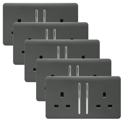 Trendi 2 Gang Artistic Modern Glossy 13 Amp Switched Tactile Plug Socket Charcoal (5 Pack)