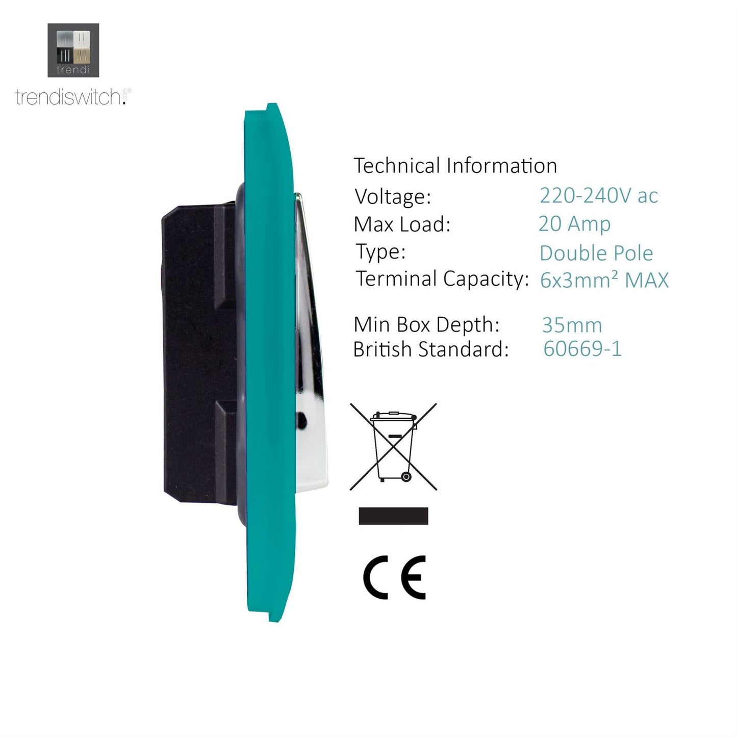 Trendi Artistic Modern Glossy 20 A Tactile Light Switch & Neon Insert Bright Teal