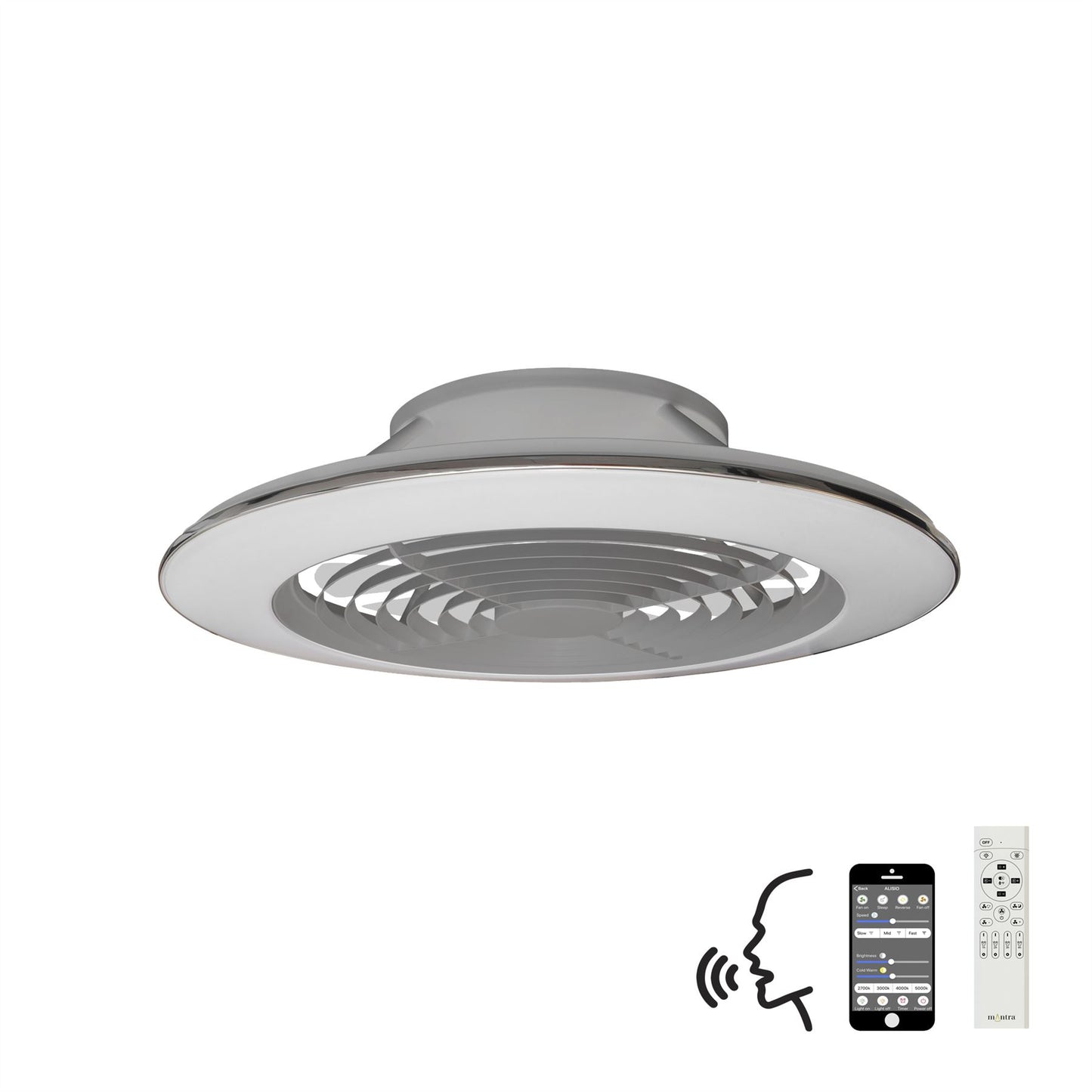 Alisio XL 73.5cm 95W LED Dimmable Ceiling Light & 58W DC Reversible Fan, Silver Finish c/w Remote Control, APP & Alexa/Google Voice Control, 5900lm