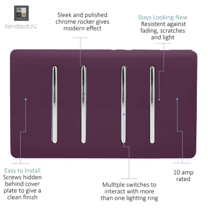 Trendi 4 Gang (2 Way & 2xIntermediate) Glossy 10 Amp Rocker Light Switch Plum