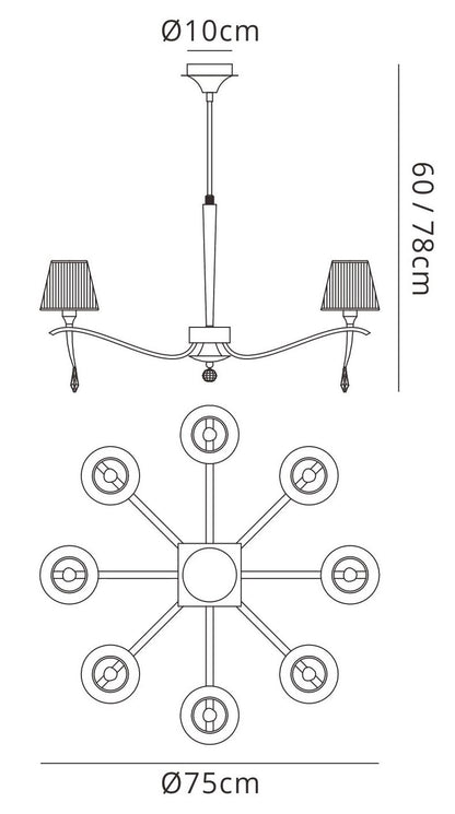 Mantra Siena 75cm Pendant Round 8 Light E14, Polished Brass with Amber Cream Shades and Clear Crystal