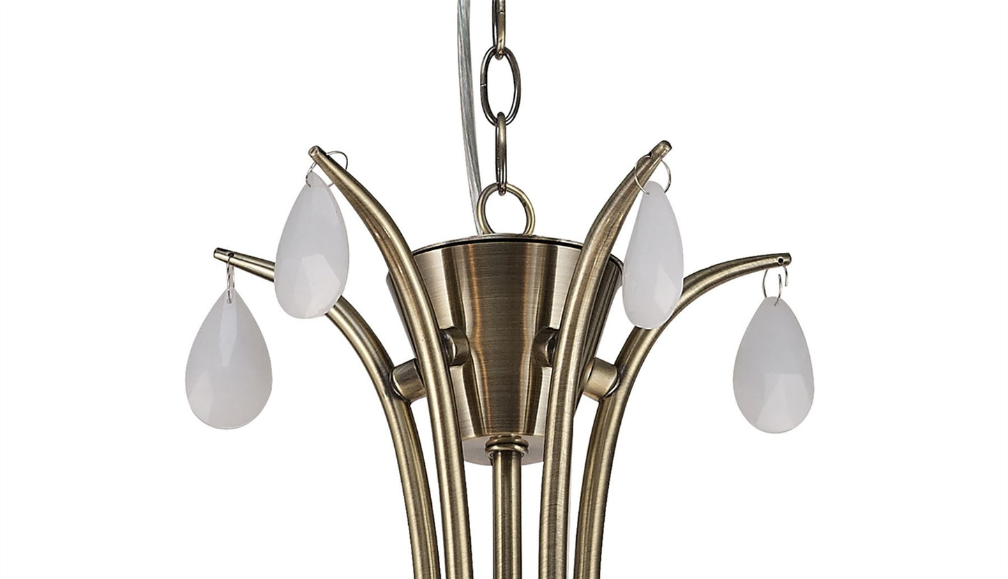Mantra M6334 Andrea Pendant 81.5cm Round, 5 x E14 (Max 20W), Antique Brass, White Shades, White Crystal Droplets