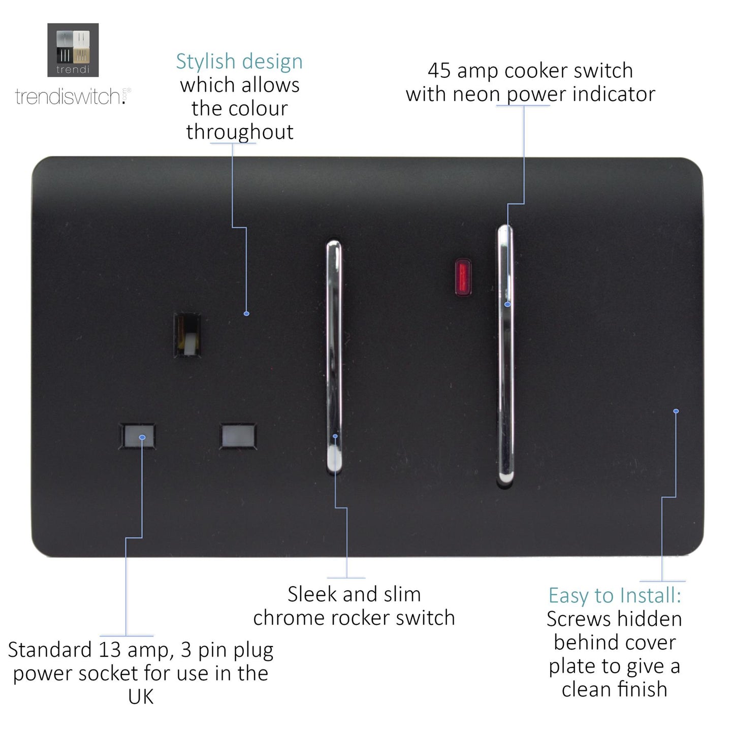 Trendi Artistic Modern Glossy 45 A Cooker Switch & Plug Socket Inc Neon Insert Matt Black