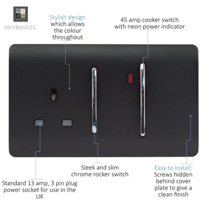 Trendi Artistic Modern Glossy 45 A Cooker Switch & Plug Socket Inc Neon Insert Matt Black
