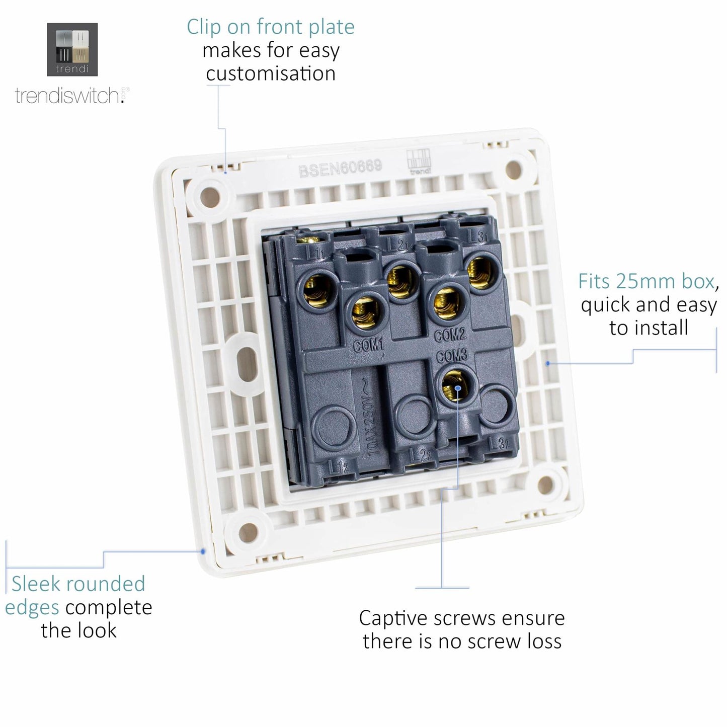Trendi Switch Screwless 10 Amp Triple Pole Fan Isolator Switch in Platinum Silver - FIBK