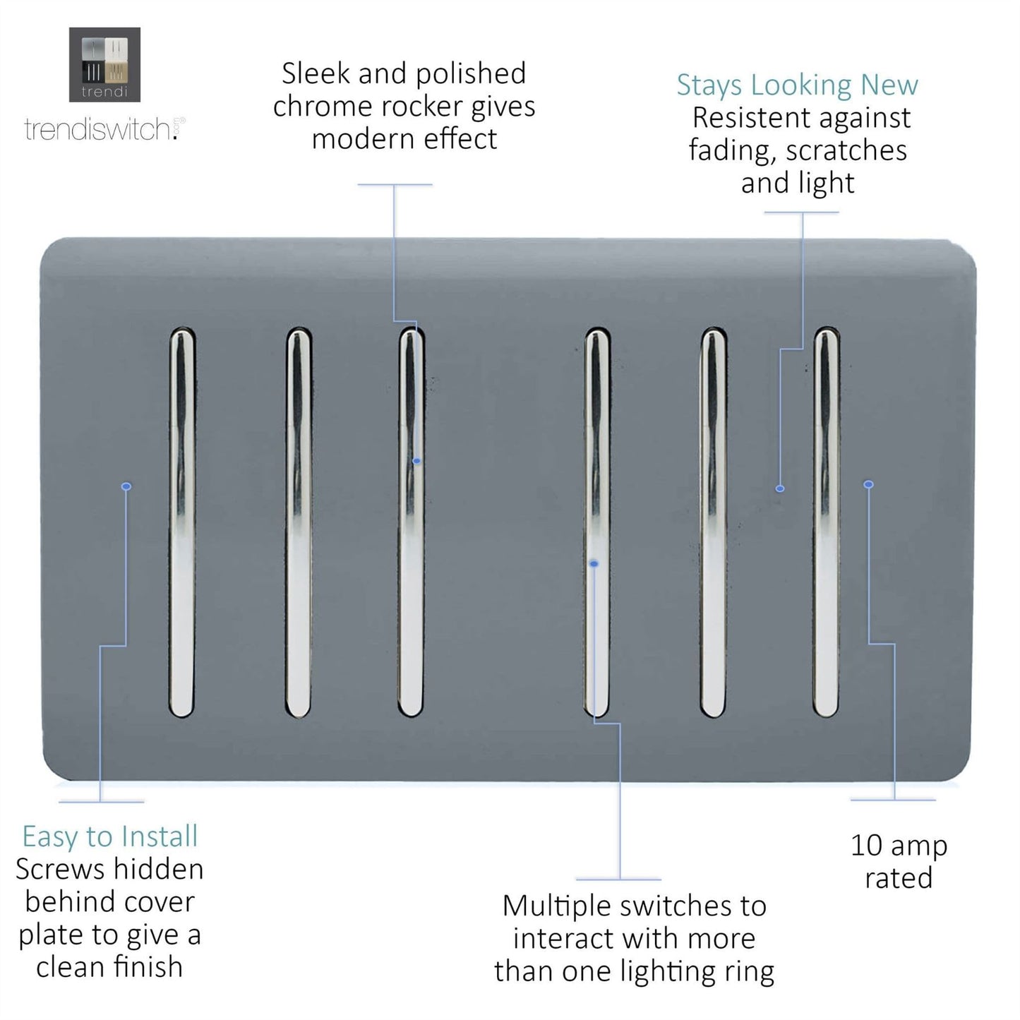 Trendi Artistic Modern Glossy 6 Gang 2 Way Rocker Double Plate Tactile Light Switch Warm Grey