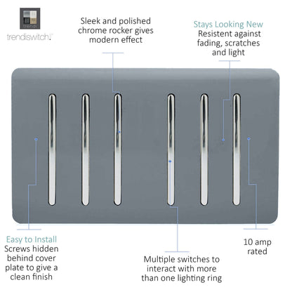 Trendi Artistic Modern Glossy 6 Gang 2 Way Rocker Double Plate Tactile Light Switch Warm Grey