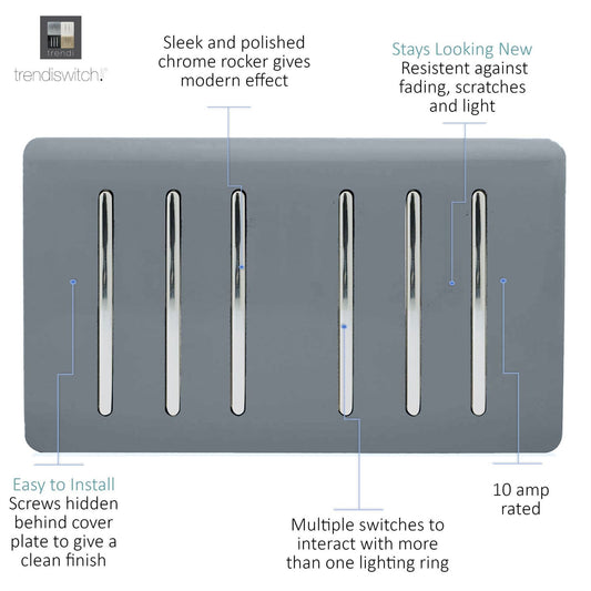 Trendi Artistic Modern Glossy 6 Gang 2 Way Rocker Double Plate Tactile Light Switch Warm Grey