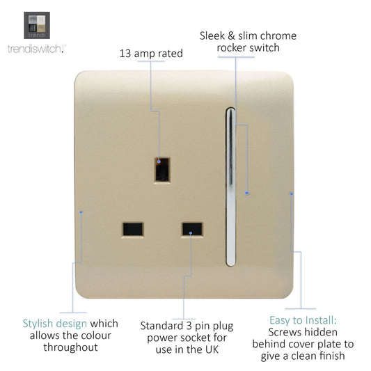 Trendi 1 Gang Artistic Modern 13 Amp Switched Plug Socket Gold ART-SKT13GO