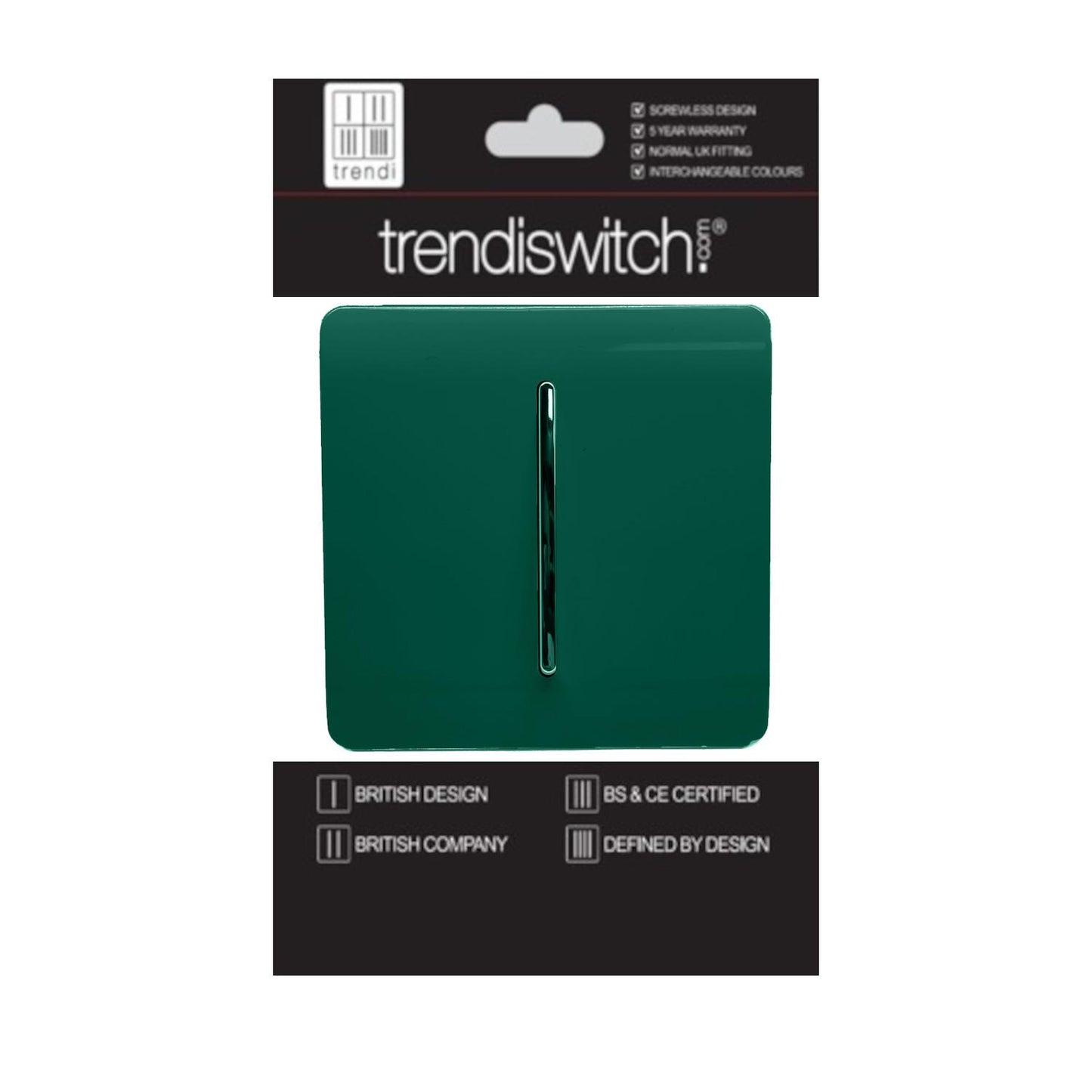 Trendi 1 Gang 2 Way 240V Screwless Artistic Modern Glossy 10 Amp Chrome Rocker Electrical Wall Light Switch in Dark Forest Green (5 pack)