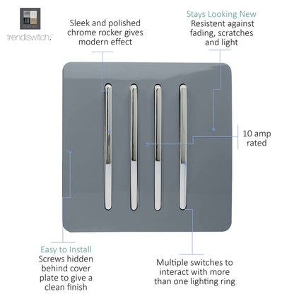 Trendi 4 Gang 2 Way Artistic Modern Glossy 10 Amp Rocker Tactile Light Switch Warm Grey