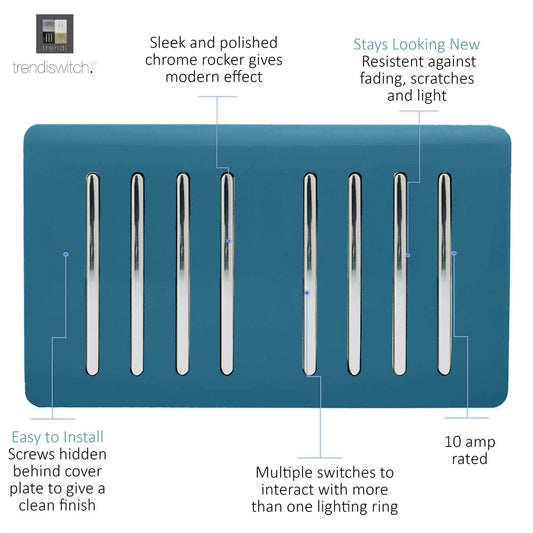 Trendi Artistic Modern Glossy 8 Gang 2 Way Rocker  Double Plate Tactile Light Switch Ocean Blue
