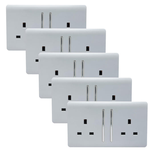 Trendi Switch 13 amp double Artistic Modern Glossy Switched Tactile Power Plug Socket - Silver x5 Pack