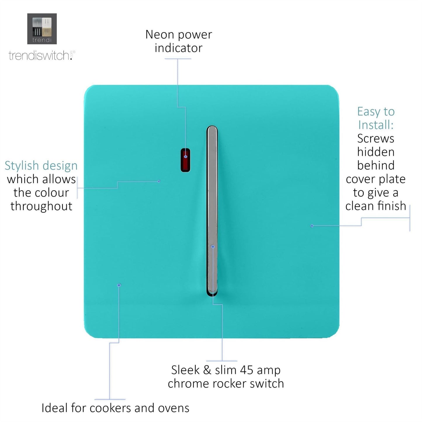 Trendi Artistic Modern Glossy 20 A Tactile Light Switch & Neon Insert Bright Teal