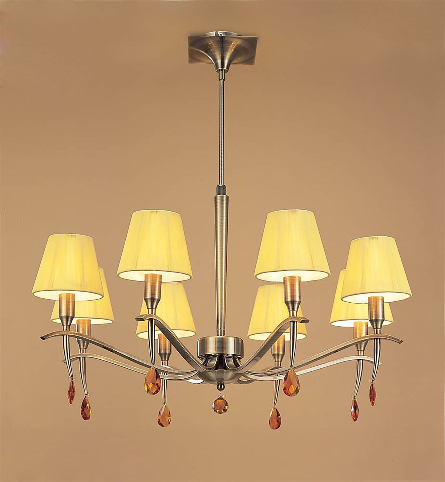 Mantra Siena 75cm Pendant Round 8 Light E14, Antique Brass with Amber Cream Shades and Amber Crystal
