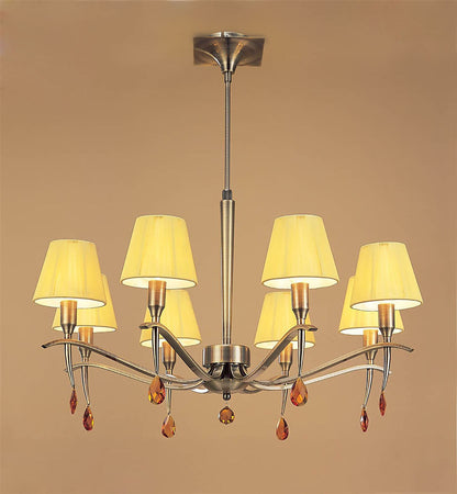 Mantra Siena 75cm Pendant Round 8 Light E14, Antique Brass with Amber Cream Shades and Amber Crystal