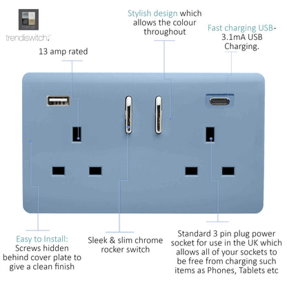 Trendi 2 Gang Artistic Modern Glossy 13 Amp 2 x Type A & C 3100mA USB Switched Plug Socket Sky Blue