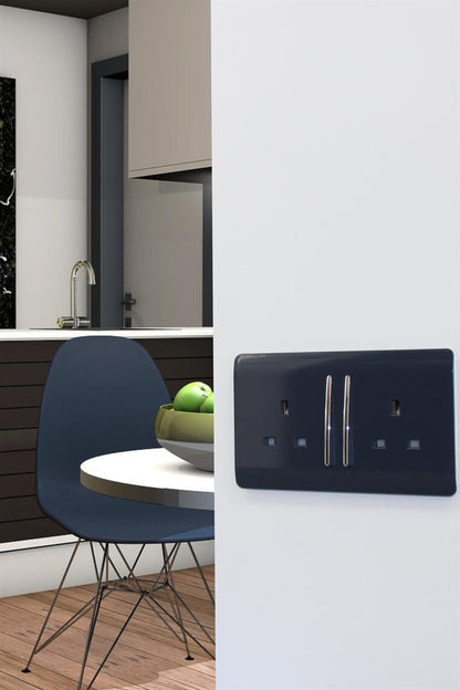 Trendi 2 Gang Artistic Modern Glossy 13 Amp Switched Tactile Plug Socket Navy (3 Pack)