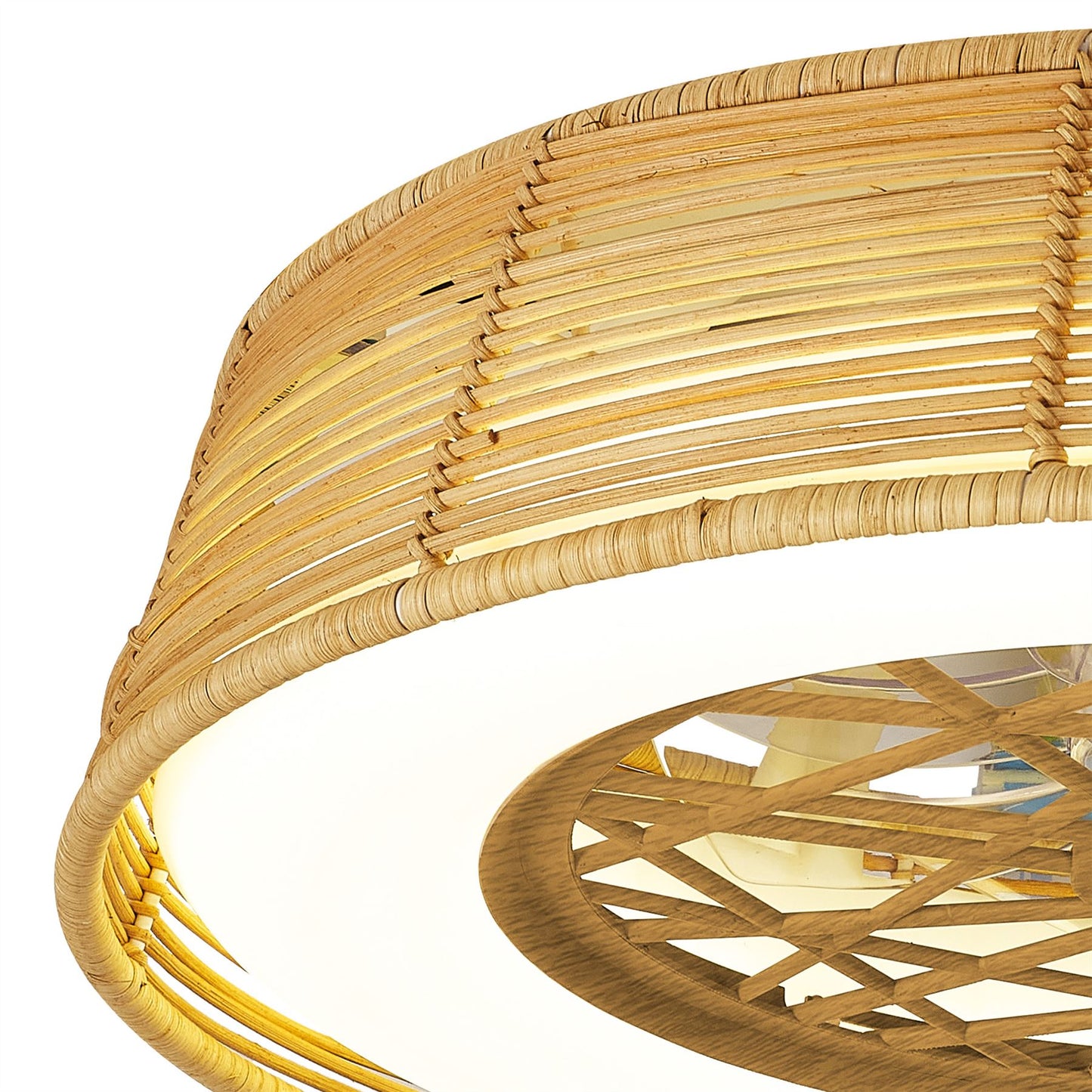 Indonesia Mini 56cm 55W LED Dimmable Ceiling Light With Built-In 25W DC Reversible Fan, Beige Rattan, 3800lm, 5yrs Warranty