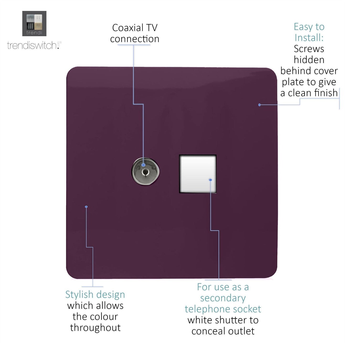 Trendi Artistic Modern Glossy Tactile TV Co-axial Socket + Telephone Socket Plum