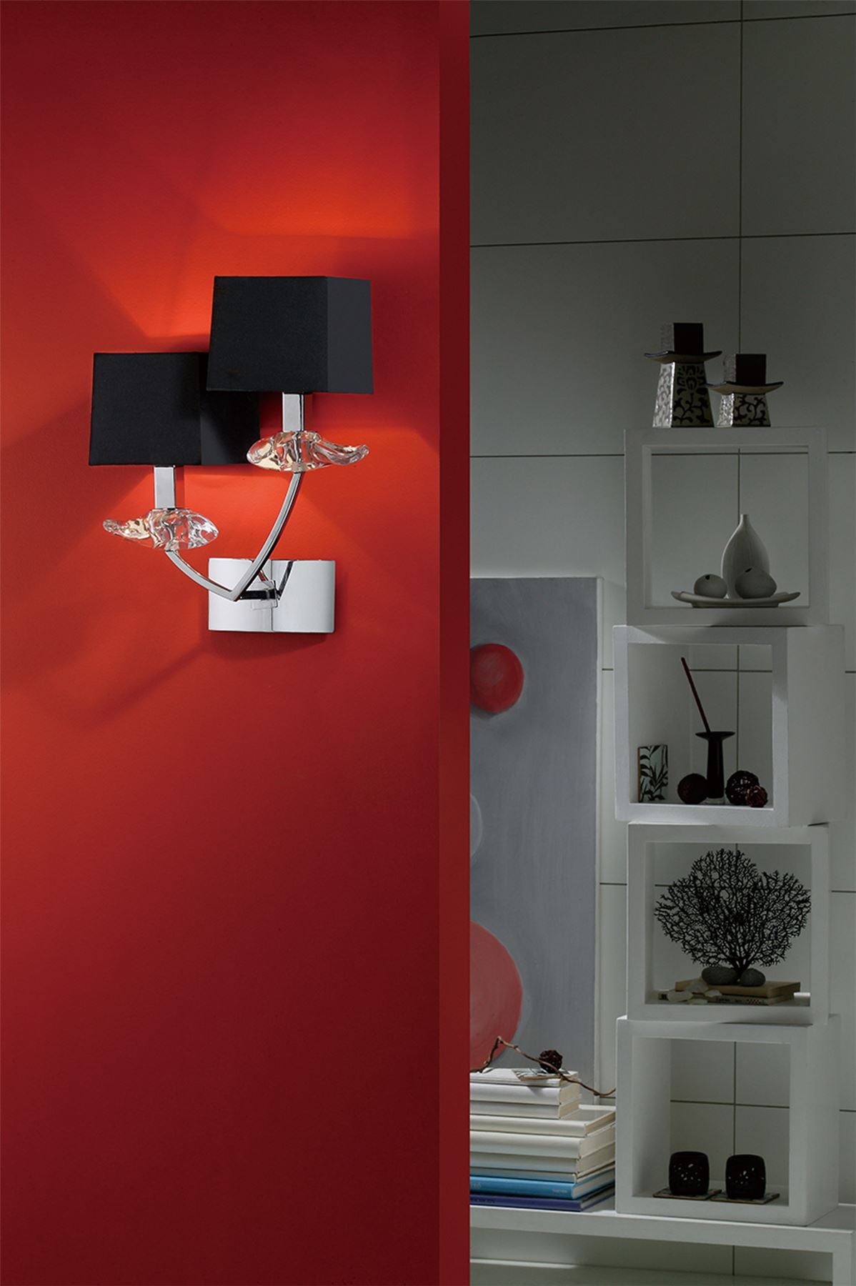 Mantra Akira Wall Light Switched 2 Light E14, Polished Chrome with Black Shades