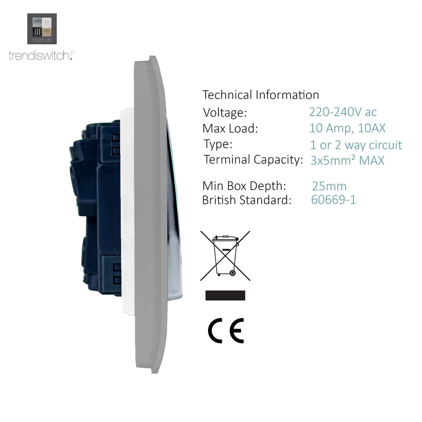 Trendi Artistic Modern Glossy 8 Gang 2 Way Rocker  Double Plate Tactile Light Switch Light Grey