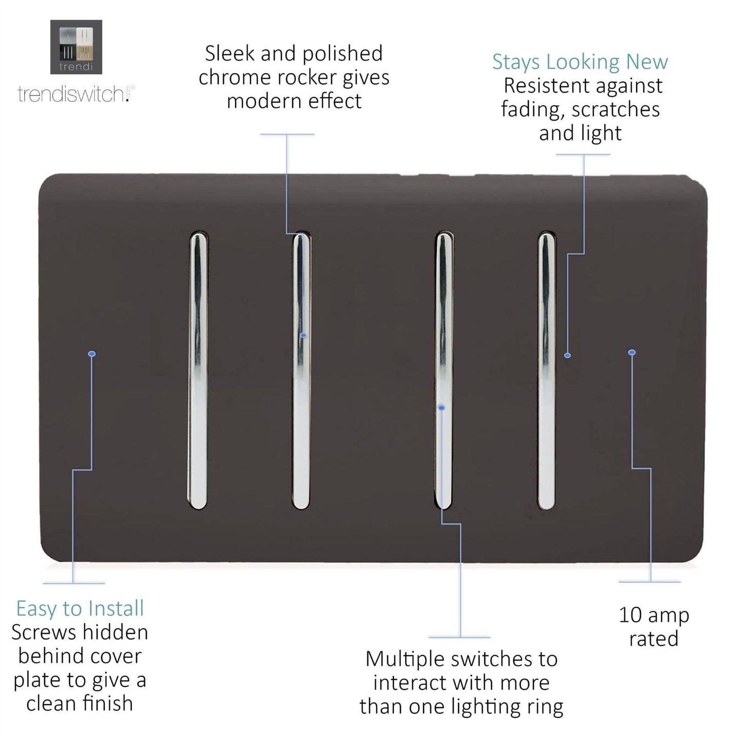 Trendi 4 Gang (2 Way & 1x Intermediate) Glossy 10 Amp Rocker Light Switch Dark Brown