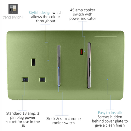 Trendi Artistic Modern Glossy 45 A Cooker Switch & Plug Socket Inc Neon Insert Moss Green