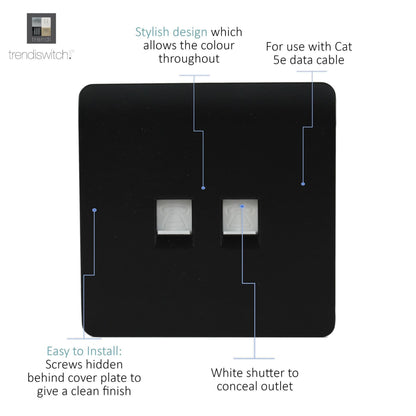 Trendi  2 Gang RJ45 Cat 5e & Cat 6 PC Ethernet Socket Matt Black - ART-2PCSTB