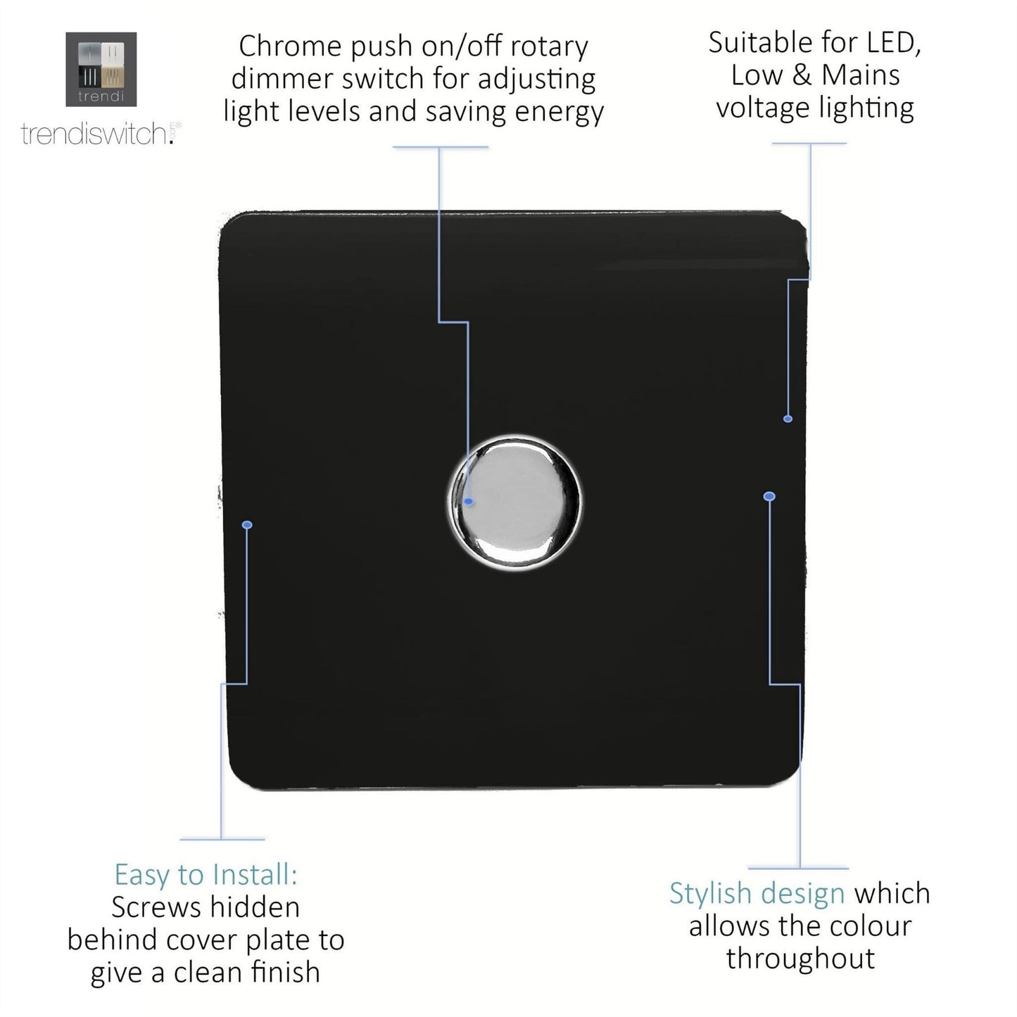 Trendi 1 Gang 2 Way 240V 100w LED Dimmer Screwless Raised Front Plate Plastic Artistic Modern Glossy 10 Amp Chrome Single Electrical Wall Light Switch in Piano Black - ART-LDMBK