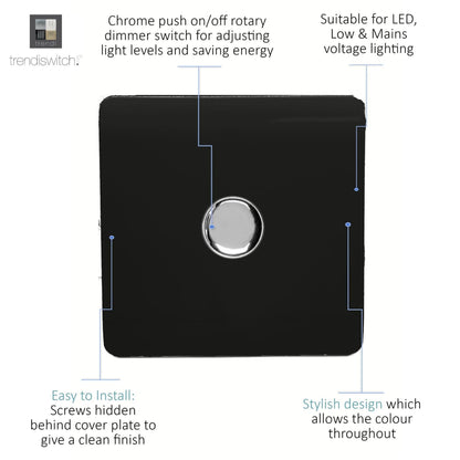 Trendi 1 Gang 2 Way 240V 100w LED Dimmer Screwless Raised Front Plate Plastic Artistic Modern Glossy 10 Amp Chrome Single Electrical Wall Light Switch in Piano Black - ART-LDMBK