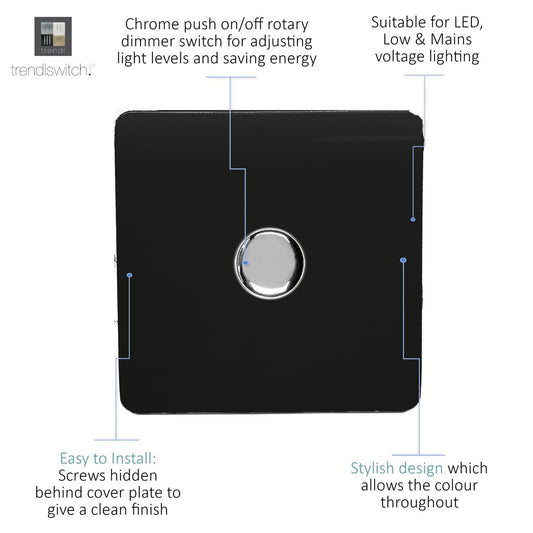 Trendi 1 Gang 2 Way 240V 100w LED Dimmer Screwless Raised Front Plate Plastic Artistic Modern Glossy 10 Amp Chrome Single Electrical Wall Light Switch in Piano Black - ART-LDMBK