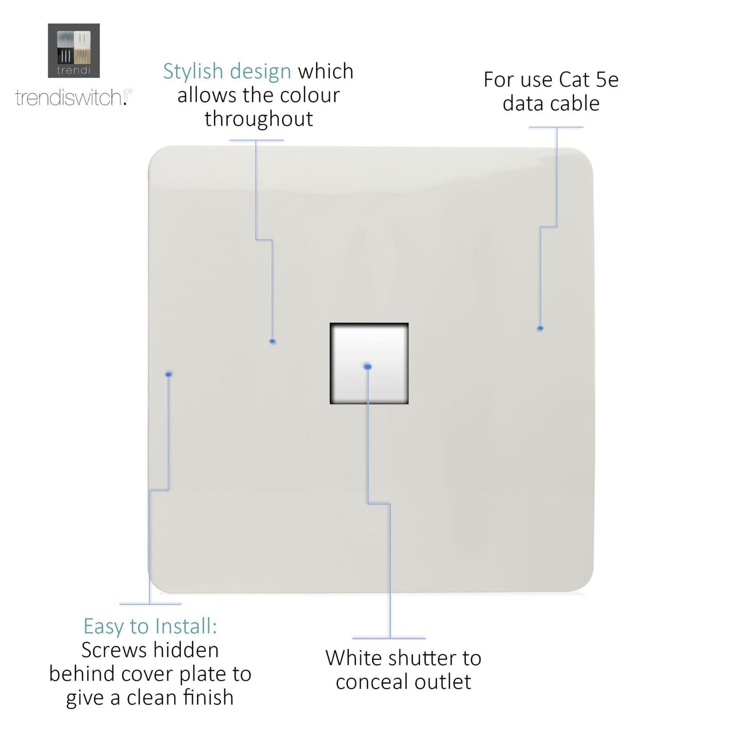 Trendi Artistic Modern RJ56 Cat 5e & Cat 6 Ethernet Socket White ART-PCWH