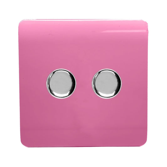 Trendi 2 Gang 2 Way 240V 100w LED Dimmer Screwless Raised Front Plate Plastic Artistic Modern Glossy 10 Amp Chrome Single Electrical Wall Light Switch in Candy Pink - ART-2LDMPK