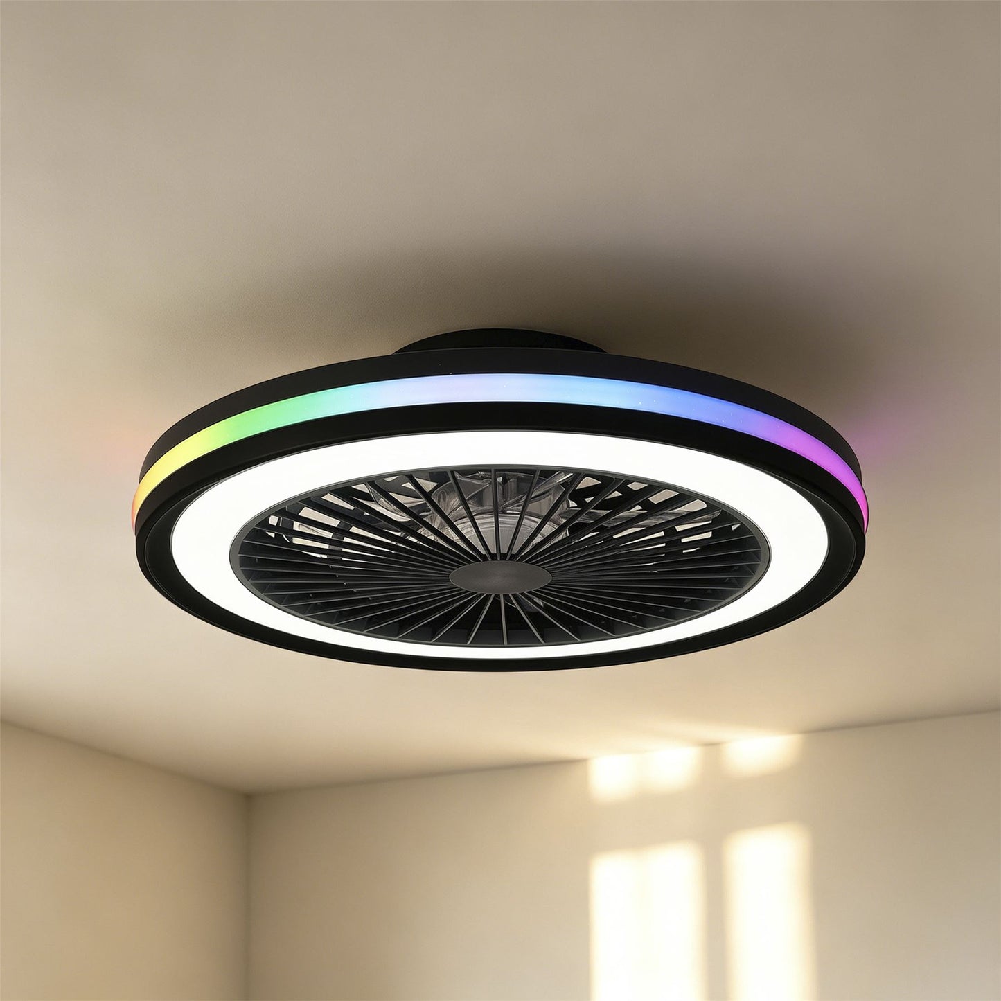 Gamer 47cm 40W LED Dimmable White/RGB Ceiling Light With Built-In 20W DC Reversible Fan, c/w Remote Control, 4200lm, Black