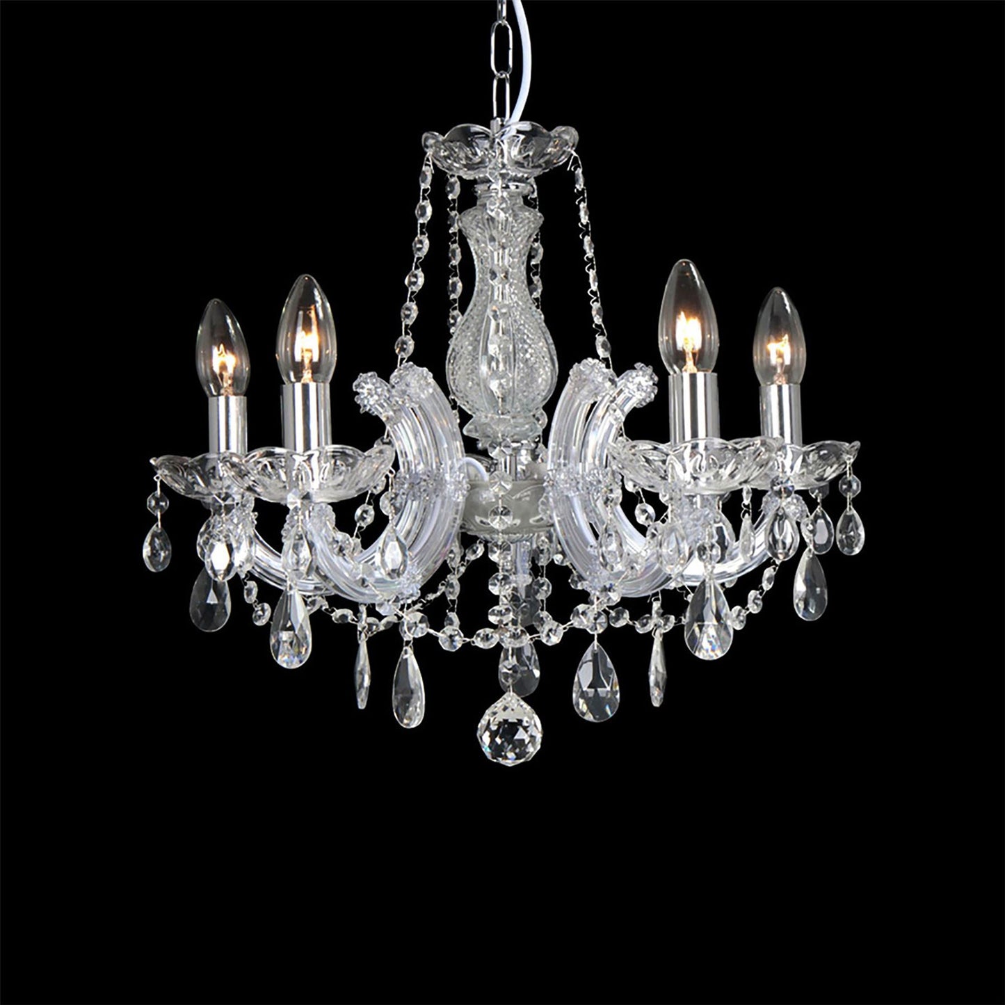 Deco Gabrielle Chandelier with Glass Sconce & Glass Droplets 5 Light E14 Polished Chrome Finish
