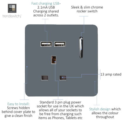 Trendi 1 Gang Artistic Modern Glossy 13 Amp 2x2.1mA USB Switched Tactile Warm Grey