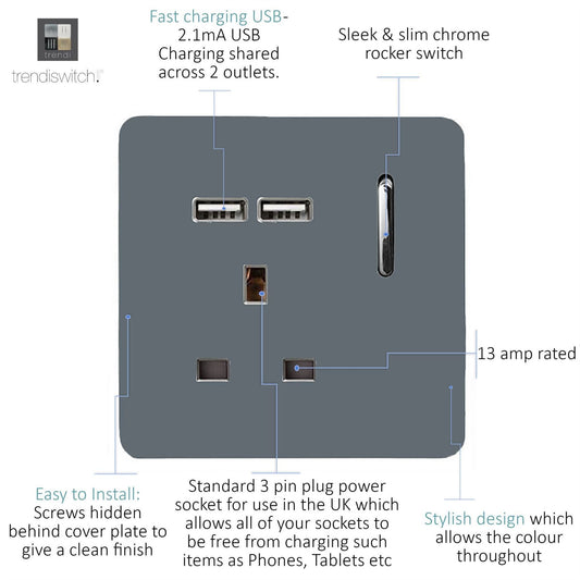 Trendi 1 Gang Artistic Modern Glossy 13 Amp 2x2.1mA USB Switched Tactile Warm Grey