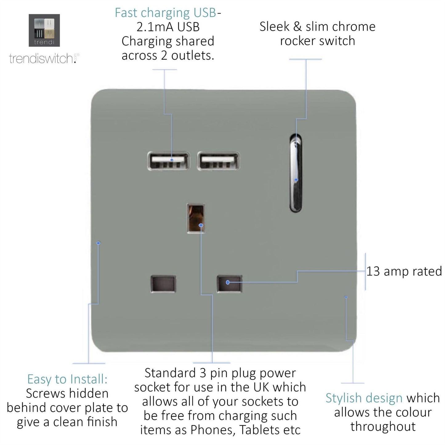 Trendi 1 Gang Artistic Modern Glossy 13 Amp 2 x 2.1mA USB Switched Tactile Plug Socket Silver