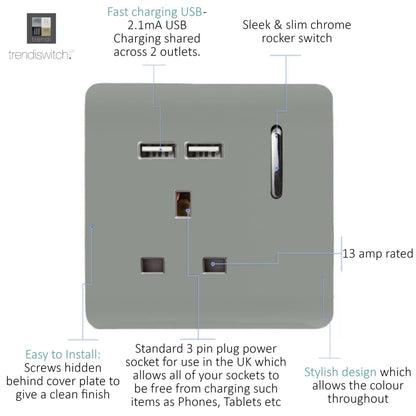Trendi 1 Gang Artistic Modern Glossy 13 Amp 2 x 2.1mA USB Switched Tactile Plug Socket Silver
