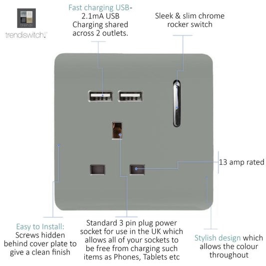 Trendi 1 Gang Artistic Modern Glossy 13 Amp 2 x 2.1mA USB Switched Tactile Plug Socket Silver