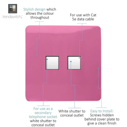 Trendi Artistic Modern Glossy Tactile Telephone Socket + Cat 5e&Cat 6 RJ45 PC Socket Pink