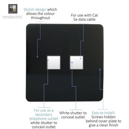 Trendi  Telephone Socket + RJ45 Cat 5e & Cat 6 PC Socket Black ART-TLP+PCBL
