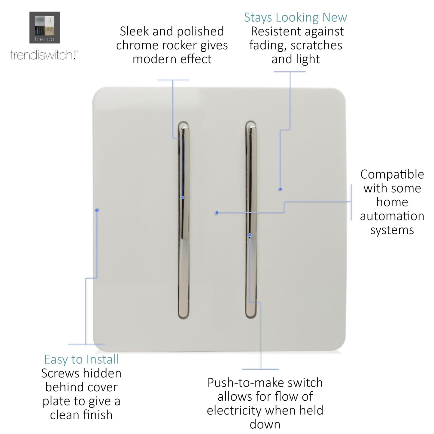 Trendi Switch 2 Gang Retractive Home Automation Switch in Matt White - ART-SSR2MWH